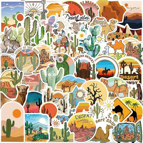 50Pcs Desert Travel Stickers, Cute Camel Cactus Sticker, Vinyl Waterproof Aesthetic Stickers for Water Bottle Laptop Scrapbook Luggage Decals, Sticker Pack for Kids Teens Adults(Colourful-Q2) in Kuwait