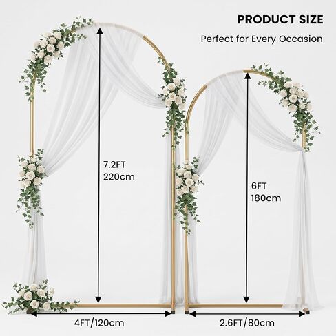 Metal Arch Backdrop Stand Set of 2, Gold Wedding Arch Frame 7.2FT+6FT, Heavy Duty Round Balloon Arch Stand with Threaded Connection for Wedding Ceremony, Baby Shower, Birthday Party Decorations in Kuwait