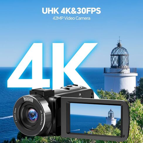 Camcorder Video Camera 4K, 42MP Digital Camera for Vlogging, 3" 270° Rotating Screen 18X Digital Zoom Video Recorder for YouTube Beginners with Remote Control, 2 Batteries, 32GB SD Card in Kuwait