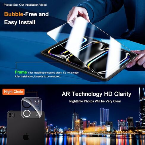 QHOHQ Screen Protector for iPad Pro 11 Inch M4 (2024) [with Camera Lens Protector], Full Coverage Tempered Glass, [Face ID & Apple Pencil Compatible], with Easy Installation Frame, HD Clear [2+2 Pack] in Kuwait
