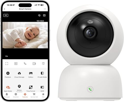 Aurumbach 4MP 2K Indoor Security Camera, 360° PTZ Pet Camera with Phone App, Dual-Band WiFi 2.4G/5G, Baby Monitor with Person/Pet/Cry Detection, Night Vision, AI Motion Tracking, One Touch 2-Way Talk in Kuwait