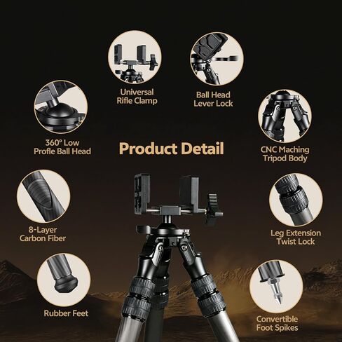 TONYBOO Carbon Fiber Tripod for Hunting with Rifle Saddle Clamp, CNC Machining Heavy Duty Rifle Tripod with 360° Ball Head,Lightweight, Stable Shooting Rest for Rifles, Crossbows - TQ-2836-U8 in Kuwait