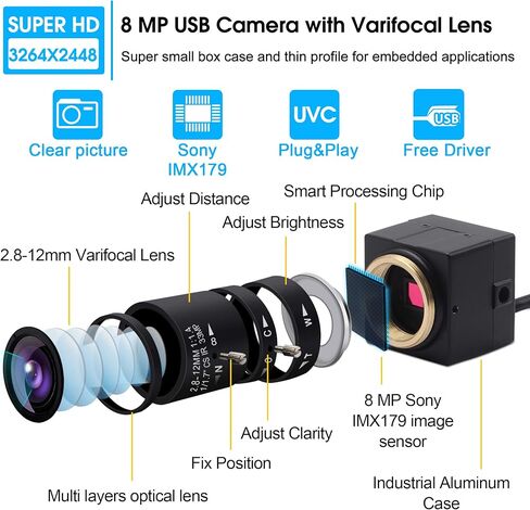 2.8-12mm Varifocal Lens USB Camera 8 Megapixel Webcamera with Image Sensor Webcam Super High Difinition 3264X2448 USB Camera Outdoor Indoor Webcamera for Video Systems in Kuwait
