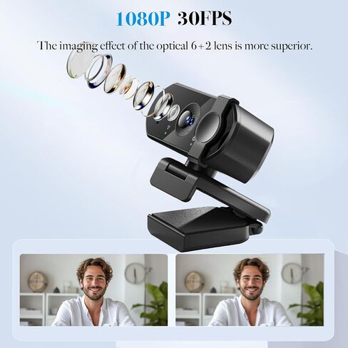 1080P Webcam with AF Auto-Focus, 6+2 Optical Lenses, Independent ISP Noise Reduction & Dual Noise-Canceling Mics, Plug&Play Computer Camera for Zoom/Teams/Facetime in Kuwait