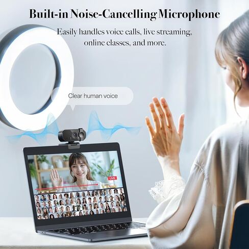 1080P Webcam with AF Auto-Focus, 6+2 Optical Lenses, Independent ISP Noise Reduction & Dual Noise-Canceling Mics, Plug&Play Computer Camera for Zoom/Teams/Facetime in Kuwait