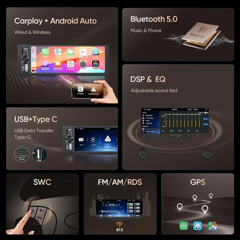 Single Din Car Stereo Radio Upgrade with CarPlay & Android Auto/6.36 Inch HD Touch Screen/Bluetooth/USB Type-C/SWC/EQ/FM Radio/External Mic in Kuwait