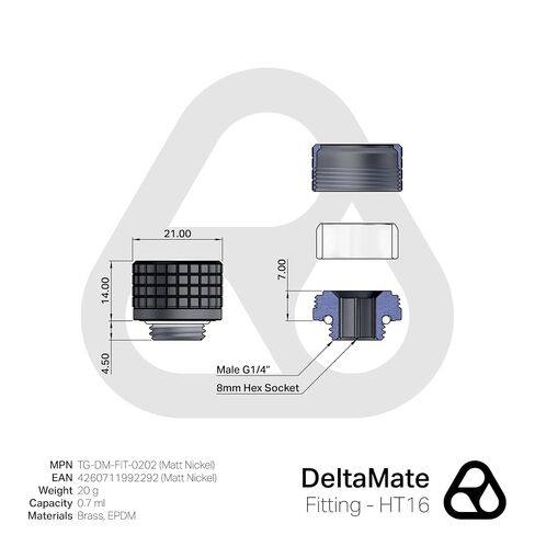 Thermal Grizzly DeltaMate HT16 Compression Fitting for Rigid Tubing, 16mm OD, Matt Nickel, 2-Pack in Kuwait