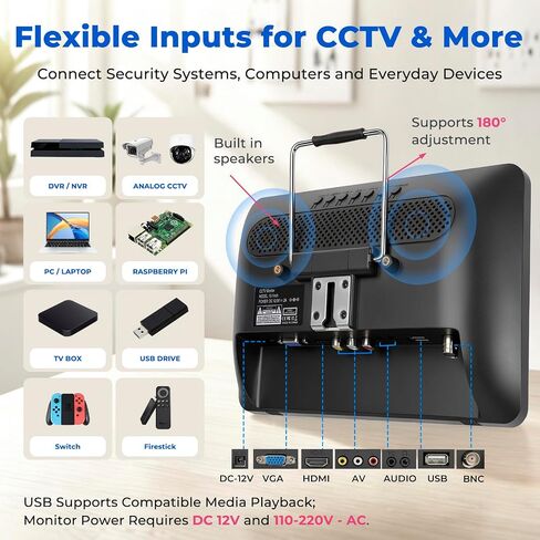 othoig 10.1 Inch Security Monitor, 1366x768 IPS Small HDMI Monitor with Built-in Speakers and Remote Control, HDMI VGA BNC AV Inputs and USB Port for CCTV Surveillance, DVR, NVR, PC, Raspberry Pi in Kuwait
