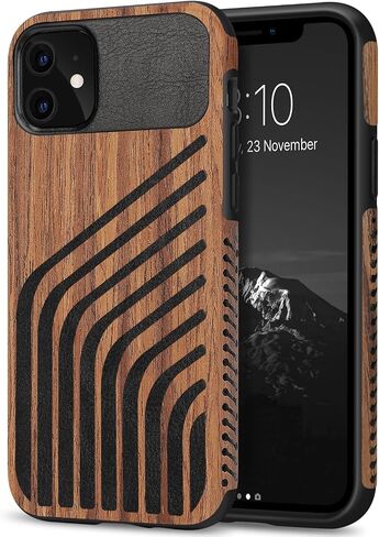 TENDLIN Compatible with iPhone 11 Case Wood Grain with Carbon Fiber Texture Design Leather Hybrid Case Black in Kuwait