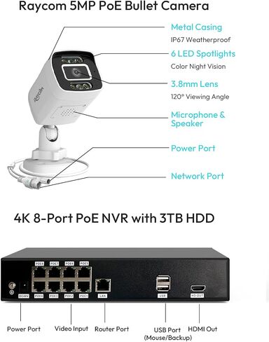 PoE Security Camera System, 6pcs Wired 5MP Outdoor IP Cameras with Color Night Vision, AI Human Detection, Two-Way Audio, 4K 8CH NVR with 3TB HDD for 24-7 Recording, No Monthly Fee in Kuwait