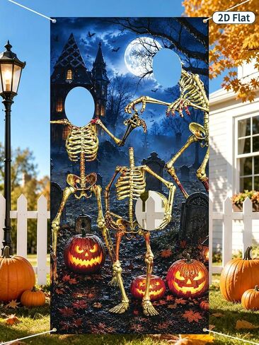 Halloween Photo Booth Backdrop, Skeleton Graveyard Face Cutout Banner with 3 Holes, Horror Party Decoration Prop for Indoor Outdoor Yard, Trick Or Treat Events & Haunted House Decor (1PC) in Kuwait