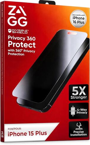 ZAGG Elite Privacy 360 Glass Screen Protector for iPhone 16 Plus/iPhone 15 Plus - 5X Ultra Strong Tempered Glass, 4-Way Privacy, Scratch Protection, Anti-Smudge, Easy to Install, InvisibleShield in Kuwait