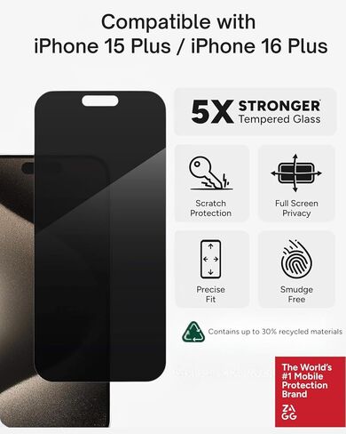 ZAGG Elite Privacy 360 Glass Screen Protector for iPhone 16 Plus/iPhone 15 Plus - 5X Ultra Strong Tempered Glass, 4-Way Privacy, Scratch Protection, Anti-Smudge, Easy to Install, InvisibleShield in Kuwait