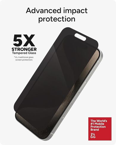 ZAGG Elite Privacy 360 Glass Screen Protector for iPhone 16 Plus/iPhone 15 Plus - 5X Ultra Strong Tempered Glass, 4-Way Privacy, Scratch Protection, Anti-Smudge, Easy to Install, InvisibleShield in Kuwait