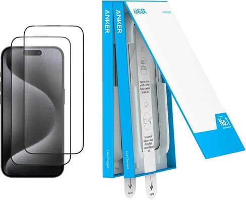 Anker Screen Protector for iPhone 15 Pro, Bubble-and-Dust-Free iPhone HD Tempered Glass, Durable and Drop-Proof with 9H Hardness, Easy Installation Exclusively for iPhone 15 Pro (2-Pack) in Kuwait