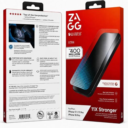 ZAGG InvisibleShield Glass XTR4 iPhone 16/15 Screen Protector - Blue-Light Filtration, 11X Stronger, Scratch & Smudge-Resistant Surface, Anti-Reflective Technology, Install Tray Included in Kuwait