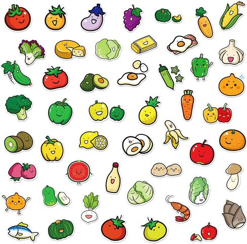 Playful Aesthetic Fruit & Vegetable Vinyl Sticker Pack - 50 PCS in Kuwait