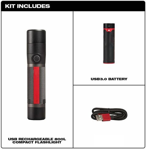 Fits Milwaukee 2160-21 800 Lumen USB Rechargeable LED Twist Focus Flashlight,flashlights Rechargeable, Red in Kuwait