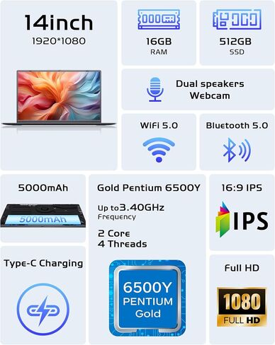 Laptop 16GB RAM 512GB SSD, Portable Lightweight Laptops with Pentium Gold 6500Y, 14 Inch FHD IPS Screen, USB 3.2, USB-C, HDMI, TF Card Slot, PC Laptop Computer Good for Business and Student in Kuwait