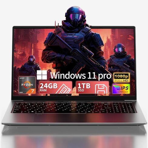 2026 15.6" FHD Gaming Laptop, AMD Ryzen 7 6800H(up to 4.7GHz), 24GB RAM, 1TB NVMe SSD, Windows 11 Pro Laptop Computer with Backlit Keyboard, 6 Ports for Gaming, Programming, Video Editing in Kuwait