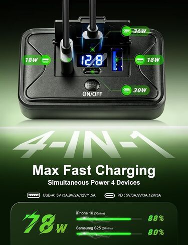 Anina 2 Pack 12V USB Outlet with Voltage Display, 78W 4 Port USB C Fast Charger Panel with Dual 36W PD & Dual 18W QC3.0, On/Off Switch and Flip Cover for RV Boat Truck Marine Golf Cart in Kuwait