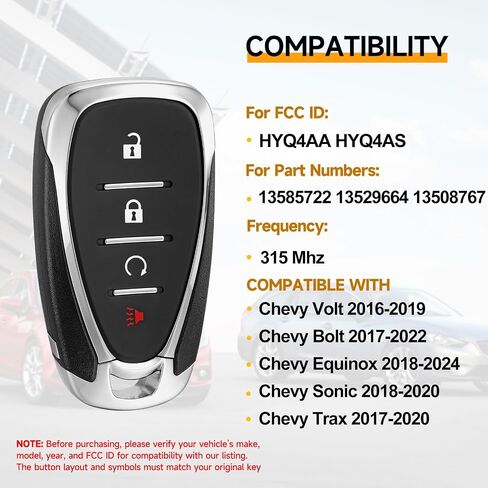 2 Pcs Key Fob Replacement Fits for Chevy Equinox 2018-2024 Bolt 2017-2022 Trax 2017-2020 Sonic 2018-2020 Volt 2016-2019 Smart Car Keyless Entry Remote Control Remote HYQ4AA HYQ4AS 315Mhz in Kuwait