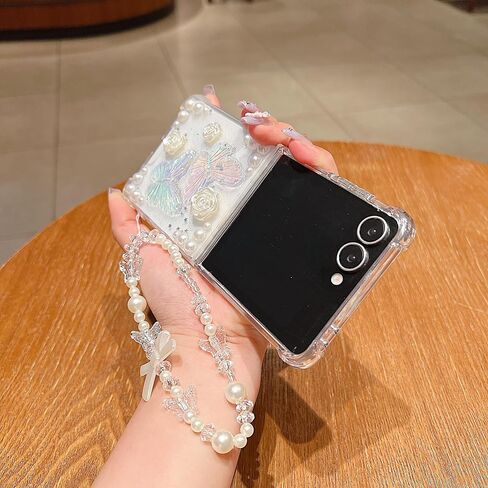 AuroiCYY for Samsung Galaxy Z Flip 7 5G Glitter Butterfly Clear Case +Chain in Kuwait