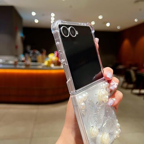 AuroiCYY for Samsung Galaxy Z Flip 7 5G Glitter Butterfly Clear Case +Chain in Kuwait