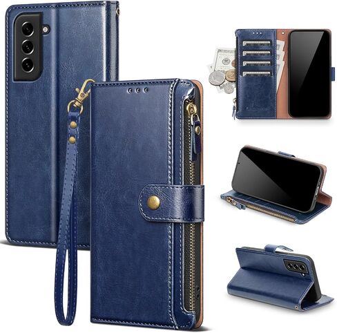Compatible with Samsung Galaxy S21 Wallet Case with Card Holder RFID Blocking Zipper PU Leather Flip Protective Cover Wrist Strap Credit Card Slots Men Women,for S21 6.2",Wine Red in Kuwait