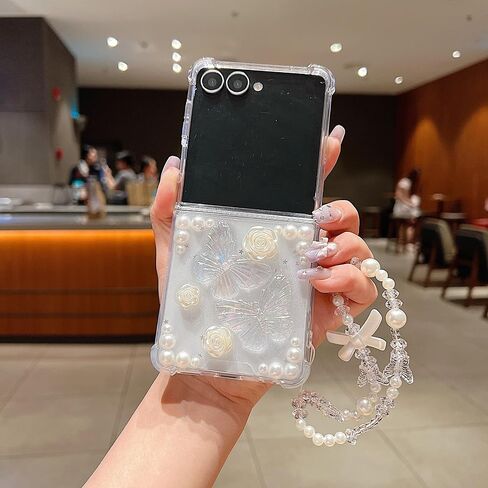 AuroiCYY for Samsung Galaxy Z Flip 7 5G Glitter Butterfly Clear Case +Chain in Kuwait