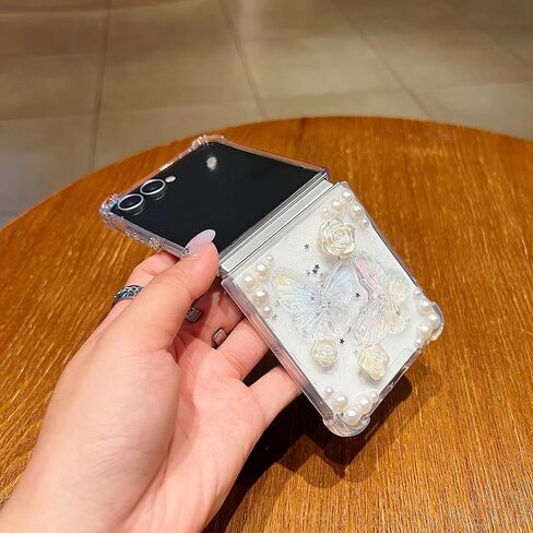 AuroiCYY for Samsung Galaxy Z Flip 7 5G Glitter Butterfly Clear Case +Chain in Kuwait