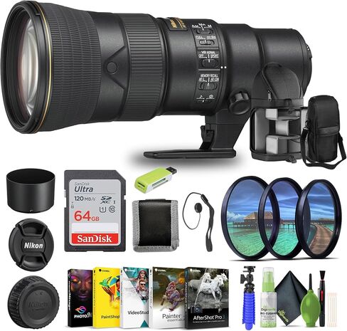 Nikon AF-S NIKKOR 500mm F/5.6E PF ED VR Telephoto Lens for Nikon DSLR (20082) + 64GB Memory Card + Backpack + Card Reader + Corel Photo Software + Filter Kit + Flex Tripod + Memory Wallet + More in Kuwait