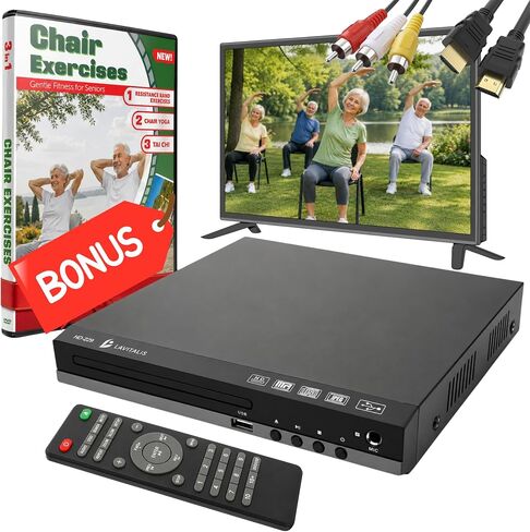 DVD Player for TV with HDMI Port 1080P, Region Free DVD Player with USB Input, Remote Control, HDMI & RCA Cables Included, Includes Bonus Chair Exercise DVD & Resistance Band in Kuwait