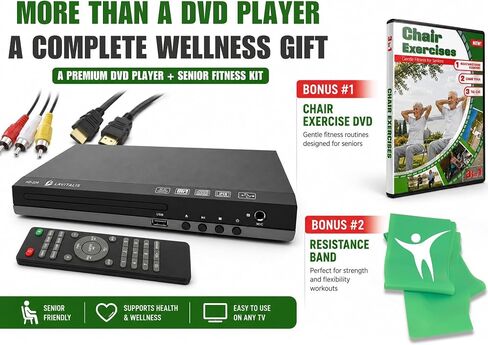 DVD Player for TV with HDMI Port 1080P, Region Free DVD Player with USB Input, Remote Control, HDMI & RCA Cables Included, Includes Bonus Chair Exercise DVD & Resistance Band in Kuwait