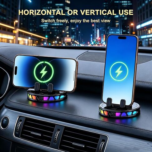 Car Phone Holder, Electric Magnetic Wireless Car Charger Mount 360 Degree Rotation with 7-Color RGB Light Strong Stable Suction Mount Cars Accessories in Kuwait