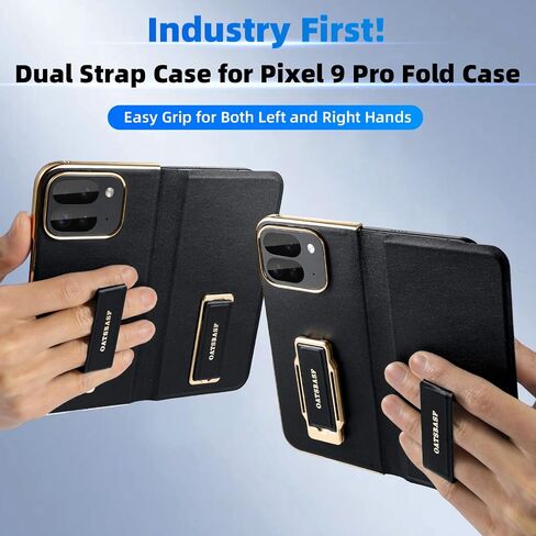 for Google Pixel 9 Pro Fold Leather Phone Case with Grip Ring Finger Strap,360° Rotatable Stand Built-in Screen Protector Cases,Full Body Anti-Scratch Shockproof Wristband Flip Cover(Black) in Kuwait