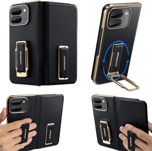 for Google Pixel 9 Pro Fold Leather Phone Case with Grip Ring Finger Strap,360° Rotatable Stand Built-in Screen Protector Cases,Full Body Anti-Scratch Shockproof Wristband Flip Cover(Black) in Kuwait