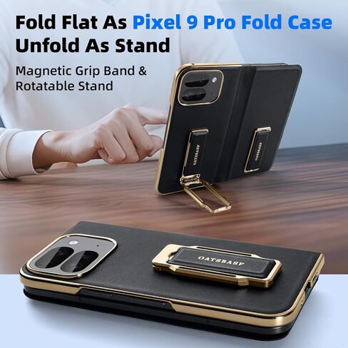 for Google Pixel 9 Pro Fold Leather Phone Case with Grip Ring Finger Strap,360° Rotatable Stand Built-in Screen Protector Cases,Full Body Anti-Scratch Shockproof Wristband Flip Cover(Black) in Kuwait