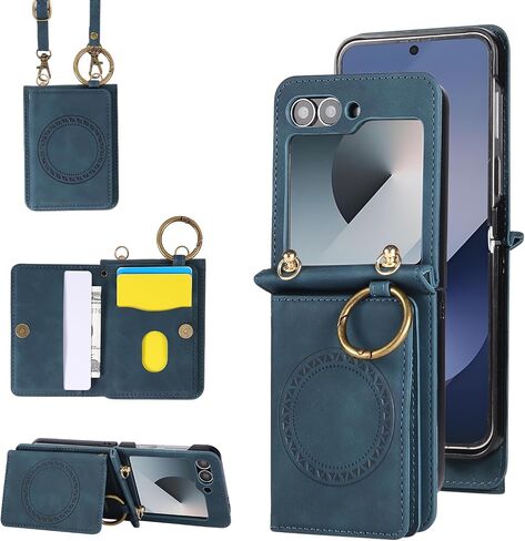 Compatible with Samsung Galaxy Z Flip 5 5G 2023 Wallet Case and Crossbody Shoulder Strap Ring Buckle Stand Card Holder Magnetic Car Mount Phone Cover for ZFlip5 Z5 G Flip5 ZFlip 5Z Women Men Green in Kuwait