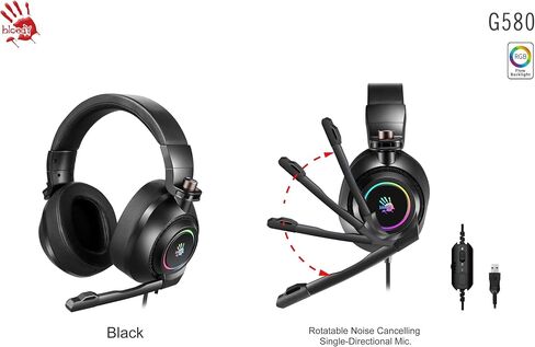 Bloody G580 Virtual 7.1 Surround Sound Gaming Headset – 50mm Drivers, RGB Flow Backlit, Rotatable Noise-Canceling Microphone, Foldable Design, in-Line Controls, Black in Kuwait