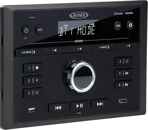 Jensen JWM65 RV Wall Mount Multimedia Stereo Receiver, Bluetooth Audio Streaming, HDMI ARC and CEC, AM FM Radio, Front USB MP3 Playback, 3 Zone Audio Control, Wireless Remote, Black in Kuwait
