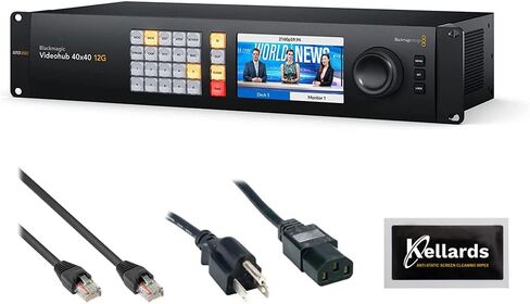 Blackmagic Design Videohub 40x40 12G Zero-Latency Video Router Bundle with Pearstone Cat 6a Patch Cable, 6' PC Power Cord, and Kellards 5-Pack Cleaning Wipes in Kuwait