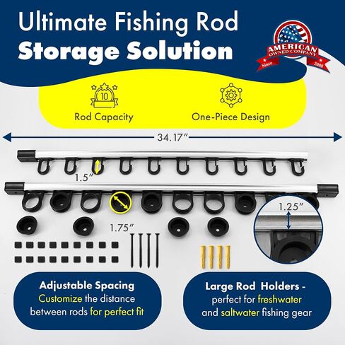 Rush Creek Creations | Fishing Rod Holder, Garage Organization and Wall Storage, for Reels, Gear and Accessories (Vertical/Horizontal Rack), 10 Rod in Kuwait