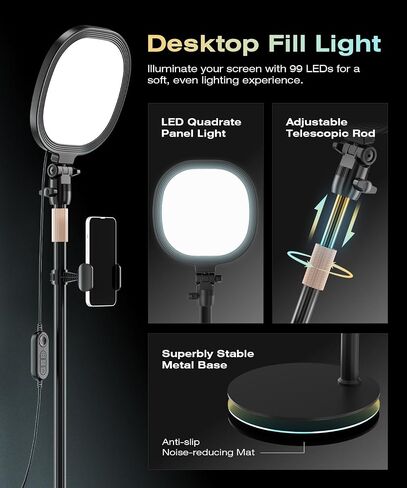 PQRQP 2 Packs Ring Light with Stand, Adjustable Desktop Lamp with Phone Mount, CRI 97+ Studio-Grade Video Conference Light for Video Calls, Home Office, TikTok Live & Vlog Filming (Nocturnal Black) in Kuwait
