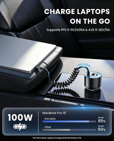 Rocoren 200W Car Charger USB C Fast Charge,PD 100W Type C Car Fast Charger in Kuwait