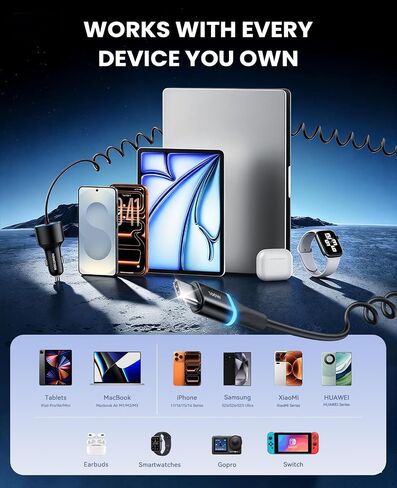 Rocoren 200W Car Charger USB C Fast Charge,PD 100W Type C Car Fast Charger in Kuwait