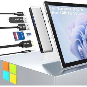 قاعدة تركيب Surface Pro مع 4K HDMI، USB-C Thunderbolt 4، 2 USB 3.0، قارئ بطاقة SD TF، منفذ صوت 3.5 مم، ملحقات لجهاز Surface Pro 11/10/9/X in Kuwait