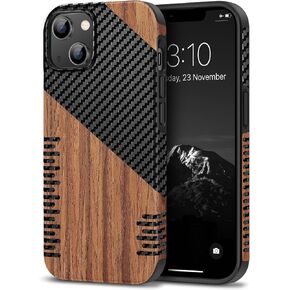 TENDLIN Compatible with iPhone 14 Case Wood Grain with Carbon Fiber Texture Design Leather Hybrid Slim Case Black in Saudi Arabia