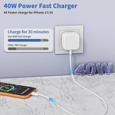 iPhone 17 Charger Fast Charging, USBC Charger 2 Pack 40W Foldable Dynamic USB C Apple Power Adapter with 60W Max, 6FT USB C Cable Woven Cord for iPhone 17 Air/17 Pro Max/16/16 Pro/15/iPad Pro/Air/Mini in Kuwait