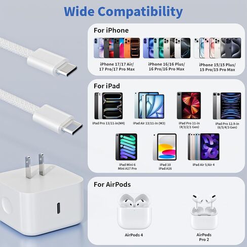 iPhone 17 Charger Fast Charging, USBC Charger 2 Pack 40W Foldable Dynamic USB C Apple Power Adapter with 60W Max, 6FT USB C Cable Woven Cord for iPhone 17 Air/17 Pro Max/16/16 Pro/15/iPad Pro/Air/Mini in Kuwait